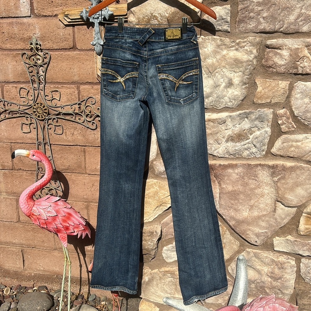 Baby Phat Jeans Flare Boot Cut Y2K Rhinestones Dark Wash Distressed Size 0 - Picture 7 of 15